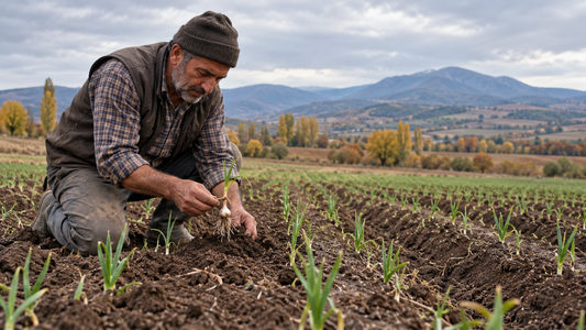 Sonbaharda sarımsak tarlasında genç çıkışları ve kökleri kontrol eden üretici